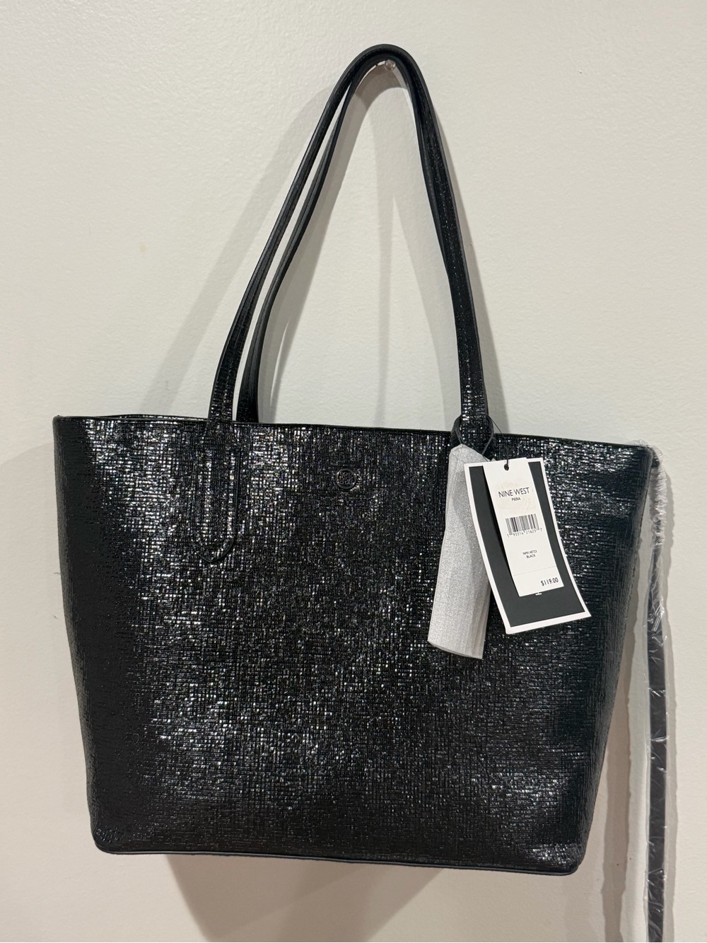 Nine West Piera Tote Bag in Metallic Black with Removable Pouch NWT